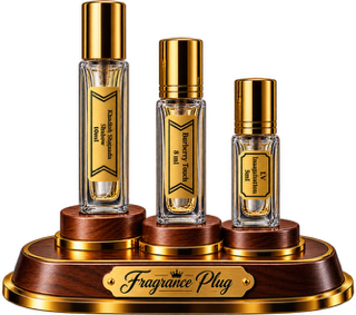 Three refillable Fragrance Plug travel atomizers in gold and glass on a wooden display stand